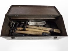 A metal toolbox containing Sykes-Pickavant pannel beaters, dollys, rasp and shapers.