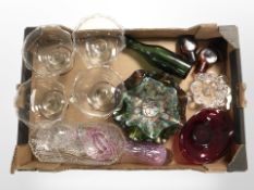 Assorted glass ware including two petrol glass dishes, set of pedestal grapefruit bowls, bottles,