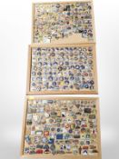 Three corkboards containing a very large quantity of assorted badges and pins, including Disney,