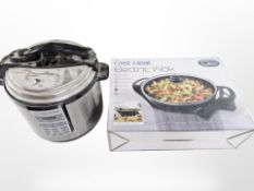 A Quest electric wok in box together with a Charles Jacobs pressure cooker