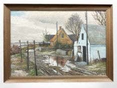 Erik Ytting : Buildings by a coast, oil on canvas, 95cm x 65cm.