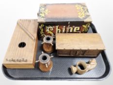 A miniature oak coffer, a stringed instrument, reproduction shoe shine box,