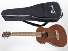 A Lindo electro acoustic ukulele, in soft carry case.