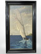 Danish School : Sailing boat at sea, oil on canvas, 30 cm x 61 cm.