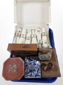 Boxed set of napkins and rings, photo frame, Europa time piece, embossed leather trinket box,