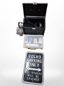 An enameled Volvo parking sign, artists box containing paints, etc,