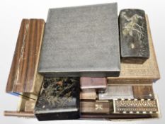 An assortment of 19th century and later table boxes including Japanese lacquered,