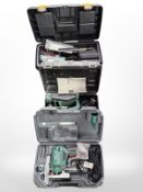 A Bosch planer, Parkside combination cutter, both boxed, a Stanley toolchest and contents.
