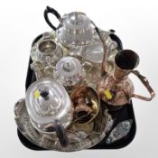 A group of silver plated tea wares, baskets, salver, 19th century Turkish copper teapot,