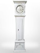 A 19th century continental painted and gilt long case clock, with pendulum and two weights,