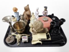 A Schuco mohair monkey, various ornaments, candlesticks, Avon dressing table box,