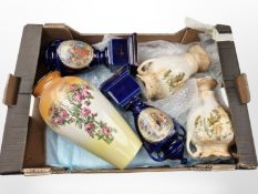 Two pairs of continental transfer printed vases and a further vase