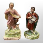 Two Pearl ware figures of St Luke, circa 1800,