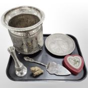 A silver plated ice bucket, a further bowl, cake slice, a heart shaped trinket box,