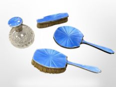 A George V silver and blue guilloche enamel dressing table hand mirror,