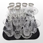 Set of six Edinburgh Crystal whiskey tumblers, crystal drinking glasses, hand bell,