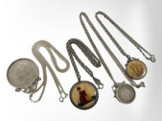 A Dutch 2 1/2 guilder coin in silver mount on box link chain, a further Victorian shilling,