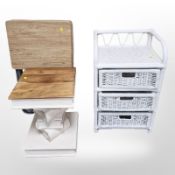 A painted wicker three drawer stand,