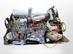 An alabaster lamp base, further glass example, assorted figures, marbles,