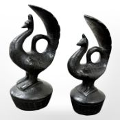 Two 19th century Chinese bronze opium weights modelled as peacocks, tallest 13.