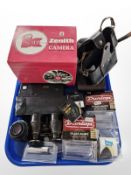 A Zenith Reflex system camera in box, Kodak camera, Goldline teleflash,