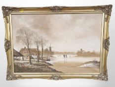 Contemporary continental school : figures skating on a lake with windmill beyond, oil on canvas,