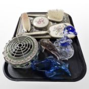 A group of petit point pieces, glass dolphin paperweights,
