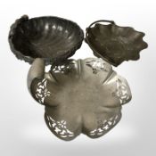 Three Arts and Crafts pewter baskets, longest 25cm.