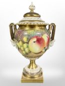 A Royal Worcester hand-painted porcelain twin-handled lidded urn, shape No.