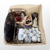 An Italian porcelain coffee service, oriental carved hardwood serving tray, figures,