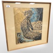 Danish School : Depicting a female figure, a mono print with colour chalks, 40 cm x 49 cm.