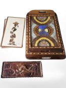 Two inlaid butterfly wing twin-handled serving trays, largest 50 cm wide,