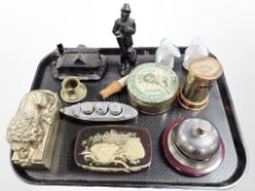 A vintage money box, Politi & Sons tin, cruet in the form of a ship, paperweight,