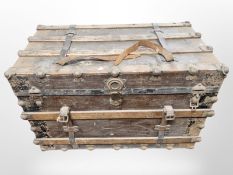 A 19th century canvas and pine trunk, with metal mounts, width 93 cm.
