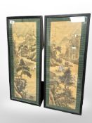 A pair of Chinese watercolours painted on silk depicting boats on a river,