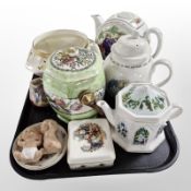 A Maling Lustre biscuit pot, Wade and other teapots, John Nelson trinket box, etc.