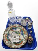 A Maling hand painted plate numbered 5451, crystal decanter, paperweight,