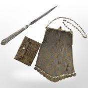 A silver-mounted letter knife, together with vintage evening bag and beaded purse.