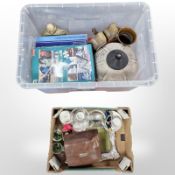 Aynsley bone china, jigsaw, stone ware bottle and cups, pottery oil lamp, etched drinking glasses,