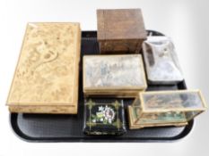 A carved oak musical table box, Italian inlaid box, Chinese carved diorama,