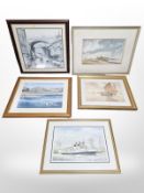 ** Withdrawn from sale ** Five various pictures and prints including watercolour of Dunstanburgh