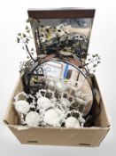 A group of contemporary metal mirrors, pair of candle stands, etc.