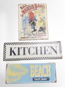 Three reproduction enameled tin signs, including Moulin Rouge, etc, largest 49 cm wide.