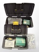 Two plastic tool boxes and a further tub containing assorted hardware, socket set,