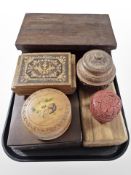 A group of wooden table boxes, Chinese cinnabar lacquer, lidded pot, Italian musical trinket box,