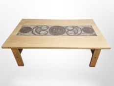 A Danish blonde oak and tile inset rectangular coffee table, 155 cm x 89 cm x 45 cm.