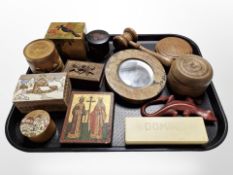 A group of treen, including turned wooden gavel, trinket boxes, reproduction Russian icon,
