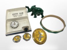 A carved malachite elephant and bangle, together with Siam silver and enamel brooch,