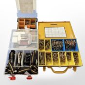 A metal case and plastic case containing a large quantity of wood screws,