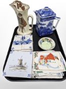 A group of Delft and other tiles, Maling Lustre dish, Ringtons blue and white teapot,